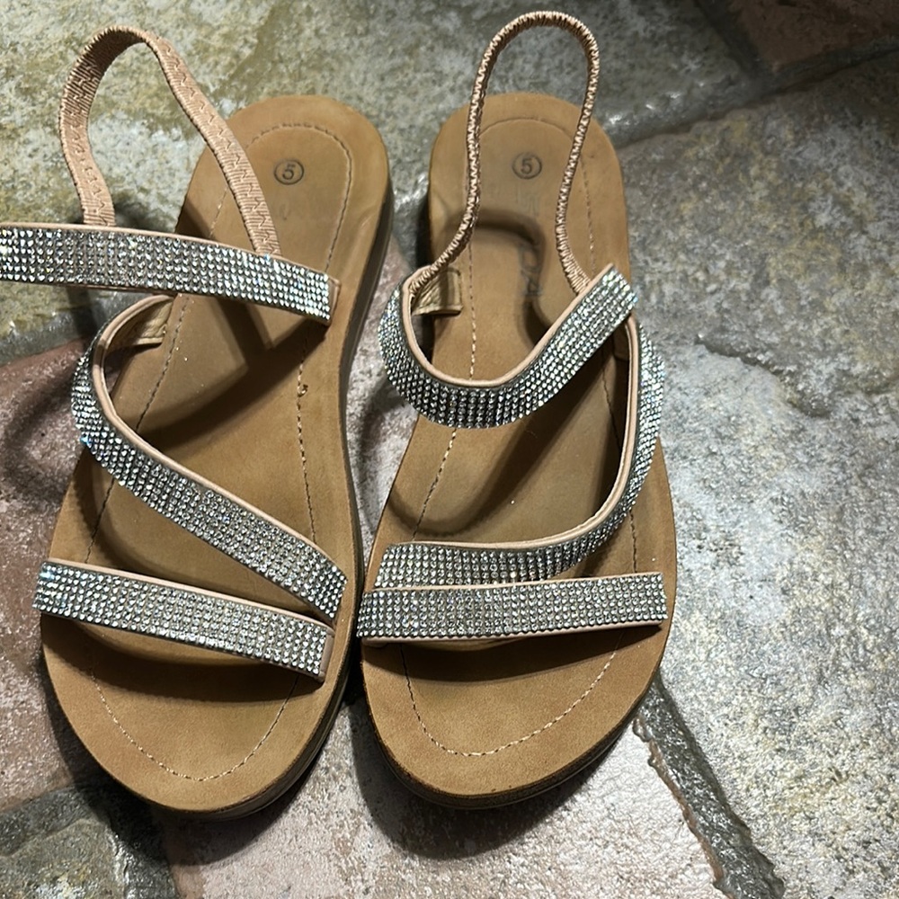 Soda Tan Sandals with Rhinestone Straps